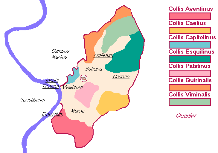 L'Urbs - Carte montrant les principaux quartiers de Rome, ainsi que les sept collines se trouvaient à l'intérieur du pomerium sacré.