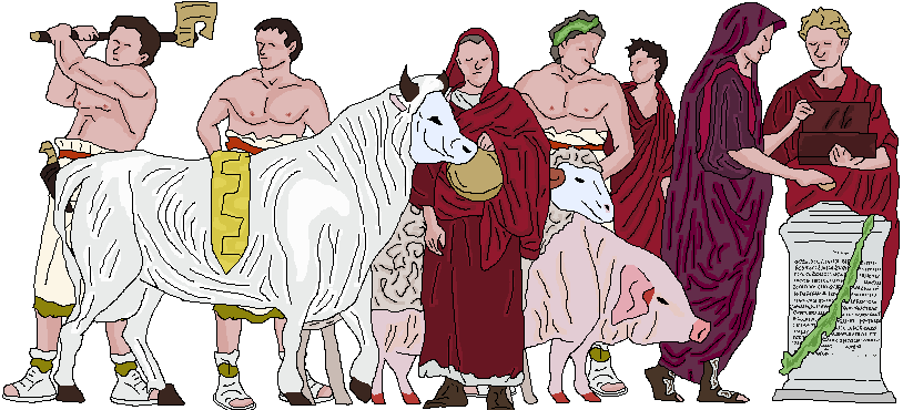 Suovetaurilia, sacrifice de lustration, où l'on immolait trois victimes mâles, un porc, un mouton et un taureau que l’on conduisait en procession solennelle à l’endroit ou à l’assemblée qu'il fallait purifier, puis on les égorgeait.
